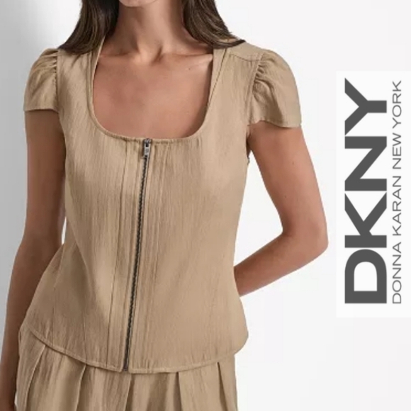 NWT DKNY Women's Weathered Twill Square-Neck Top-Travertine - Picture 1 of 4